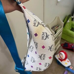 MCM White Bag with Blue Strap and Colorful Accents